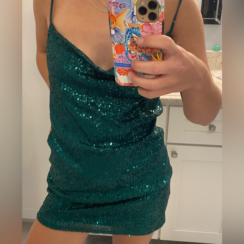 Green Mini Cowl Neck Sequin Dress